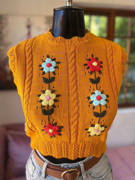 Zara Crocheted Orange Floral Crop Top - Size Small