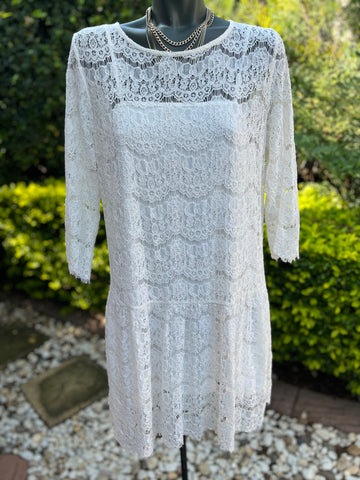 Woolworths Cream Lace Dress with bottom frill detail (includes strappy under dress) - Size 16