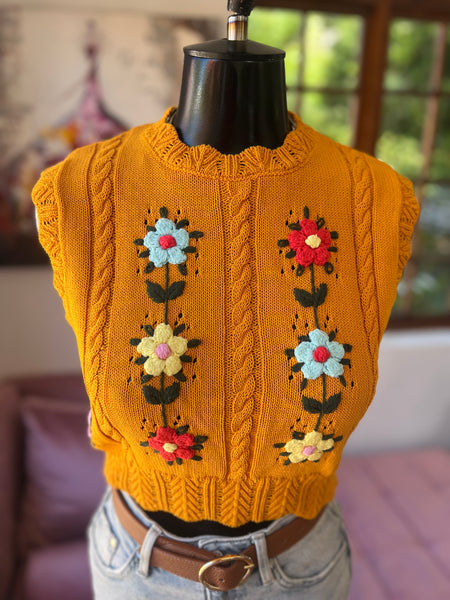 Zara Crocheted Orange Floral Crop Top - Size Small