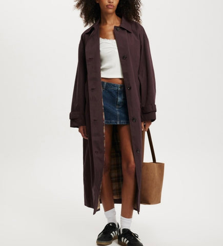 Cotton On Brand New Burgundy Trench Jacket with Inside Check Lining detail - Size Small/Medium (oversized) Retail is R2200