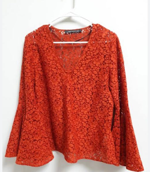 Zara Brand New Burnt Orange Lace Top with Bell Sleeve Detail - Size Small