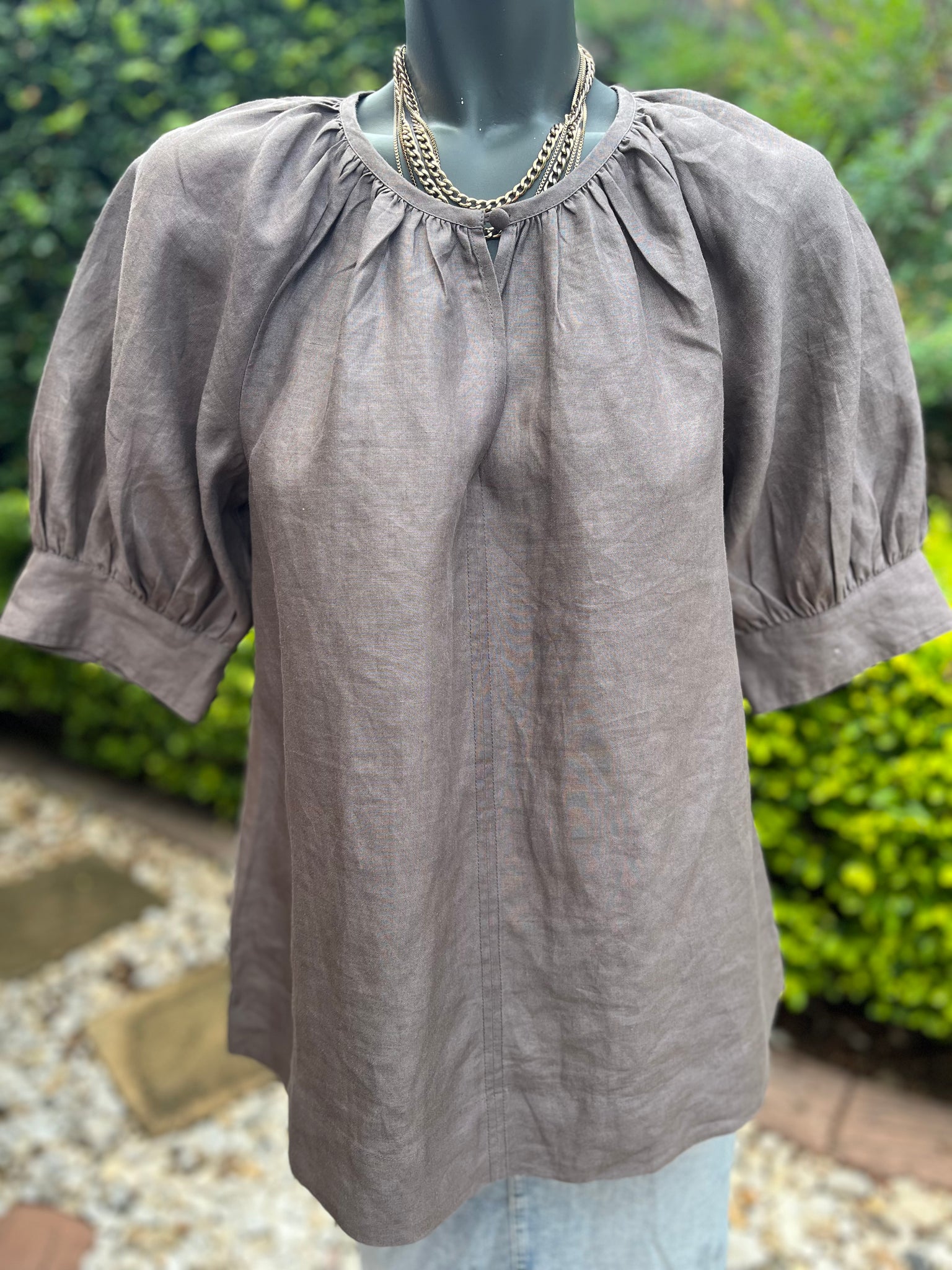Country Road Linen Grey Top with puff sleeves - Size 8