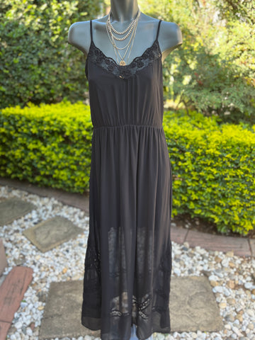 Zara Chiffon Black Dress with Lace Detail - Size Medium