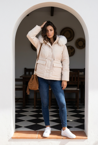 Brand New Cream Winter Jacket with Fur detail - Size Large
