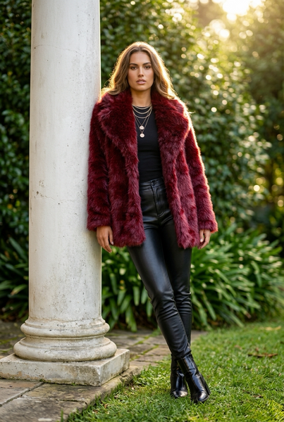 KOKONOVA Brand New Faux Fur Burgundy Coat - Size Large