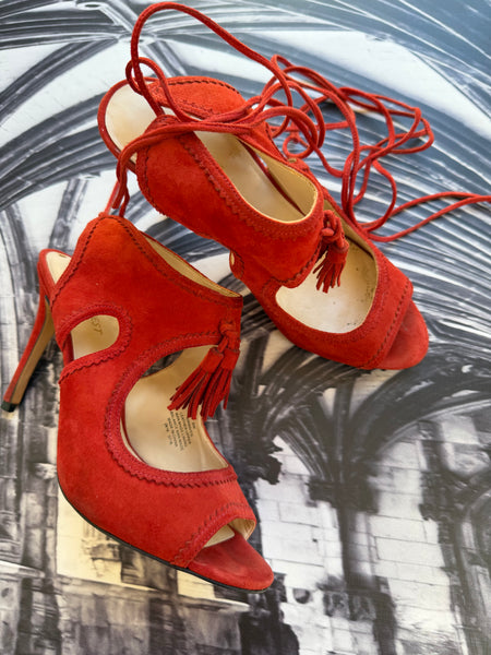 Nine West Red Suede Peep Toe Heels - Size SA 7 (9W)