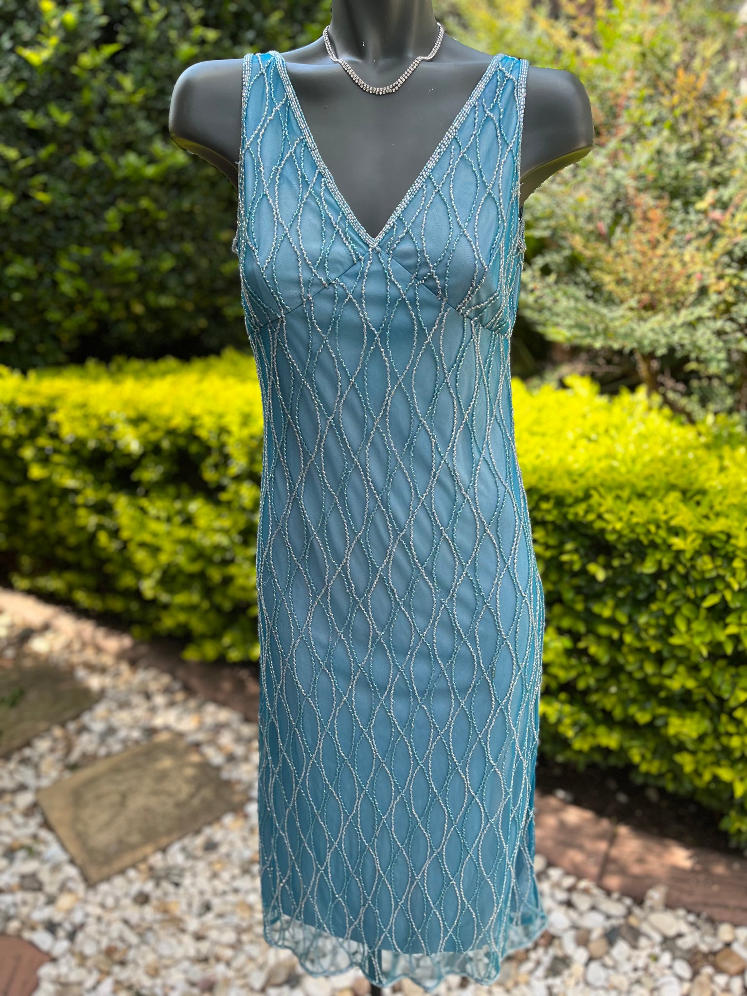 Formal Blue Beaded Detail Evening Dress - Size 10