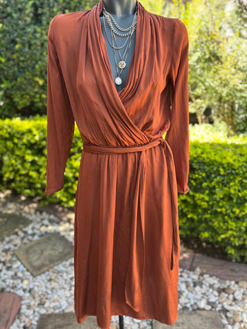 Witchery Brown Long Sleeve V-Neck Dress with belt - Size 6