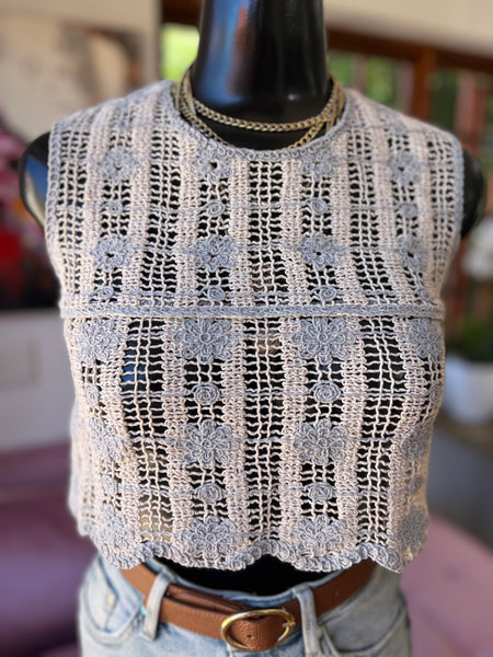 Zara Crocheted beige&blue Crop Top - Size Medium