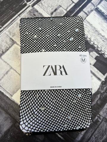 Zara Brand New Black Stockings/Pantihose with diamanté detail - Size Medium