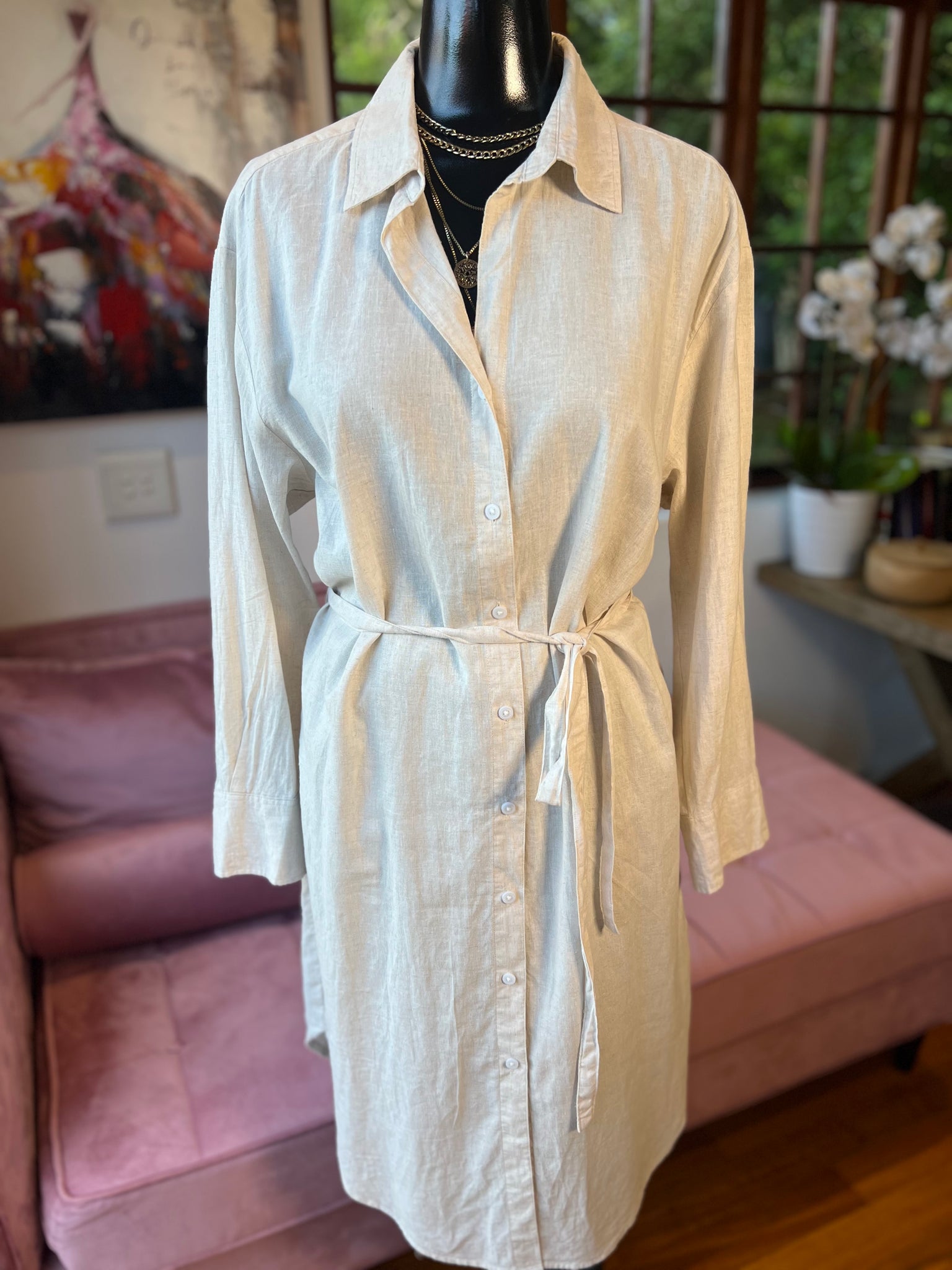 H&M Brand New Beige Linen Dress with belt - Size Medium