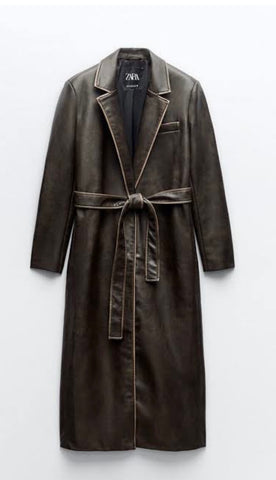 Zara Brand New Distressed Faux Leather Coat Dark Brown - Size Large (Price tag still attached)