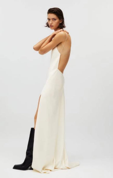 Zara/Kaia Gerber Collection Brand New Cream Evening dress - Open low back, Front high slit - Size Large