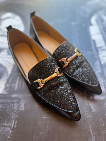 Pointy Black Loafers with front detail - Size 6