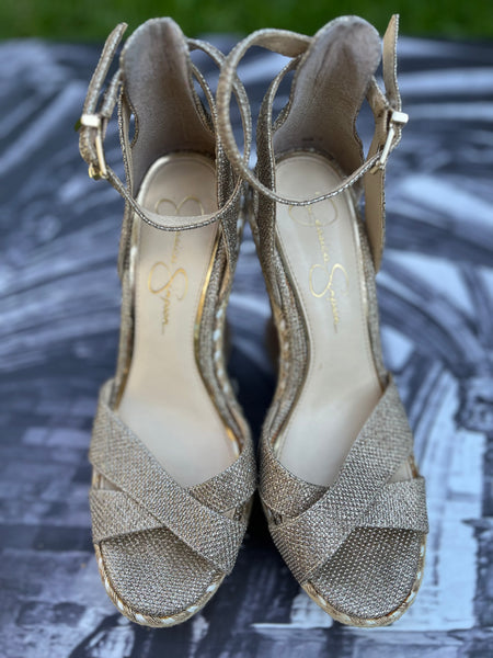 Jessica Simpson Gold Glitter Wedge Heels - Size 6