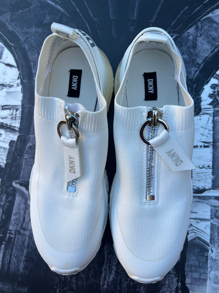 DKNY White Sneakers with front zip detail - Size 6.5