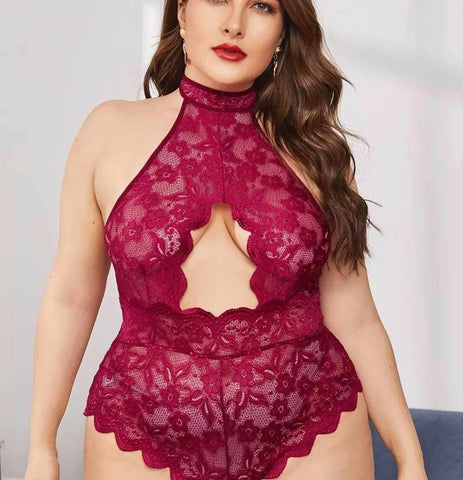 Floral Lace Scallop Trim Teddy Bodysuit - 4XL Deep Red - All Brand New