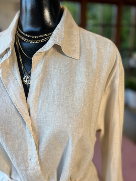 H&M Brand New Beige Linen Dress with belt - Size Medium