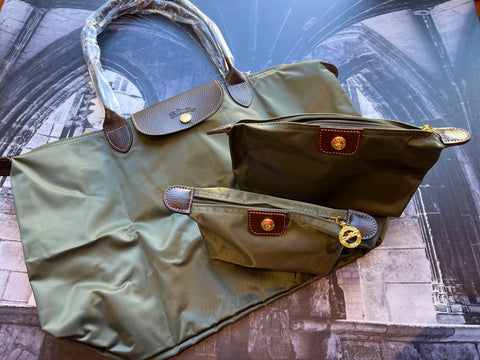 Longchamp Le Pliage Brand New 3 Piece Olive Green Set (Tote Bag, Medium Make Up bag, Mini make up bag)