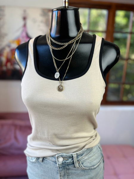 Cotton On Brand New Beige top with black edging detail - Size Large