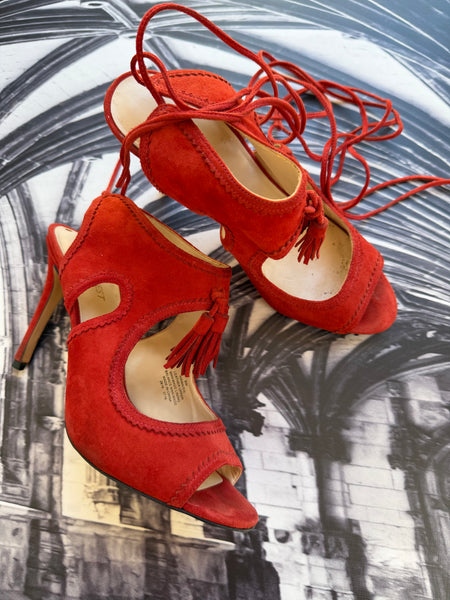 Nine West Red Suede Peep Toe Heels - Size SA 7 (9W)