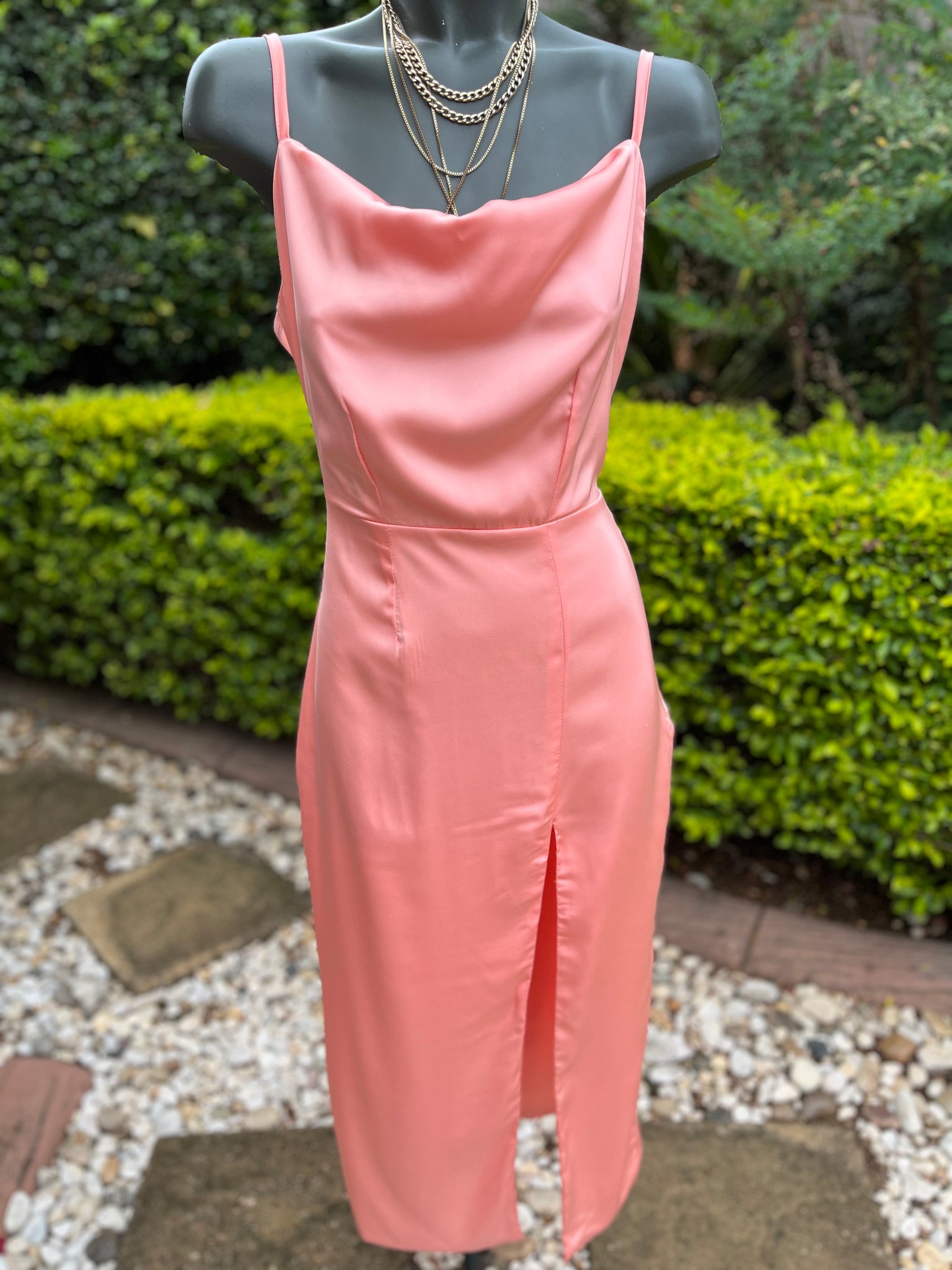 VADA Brand New Peach Satin Dress with Side Slit detail - Size Large