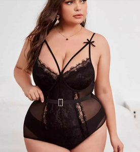 Contrast Lace Mesh Belted Teddy Bodysuit - 4XL - All Brand New