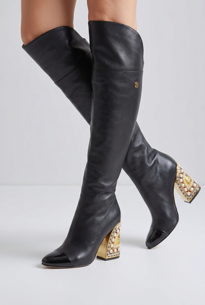 Chanel Brand New Genuine Leather Boots with Embellishment Detail on Heels - Size 38 (Will fit more of a 3/4)
