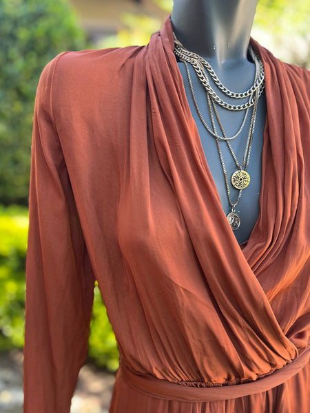 Witchery Brown Long Sleeve V-Neck Dress with belt - Size 6