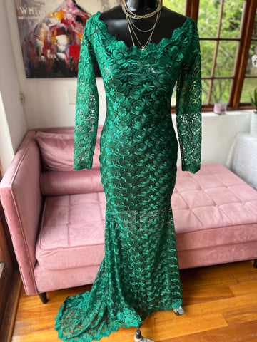 Brand New Emerald Green Evening Dress - Off Shoulder with short train detail - Size Small