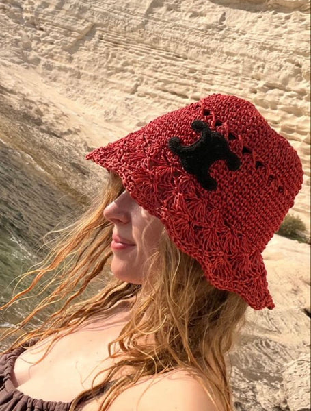 CELINE Triomphe Bucket Hat in Burgundy Raffia (Retail R15000)