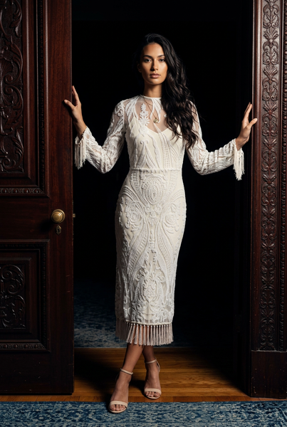 Brand New White&Cream Lace Evening Dress with carefully fitted embellishments - Size Small