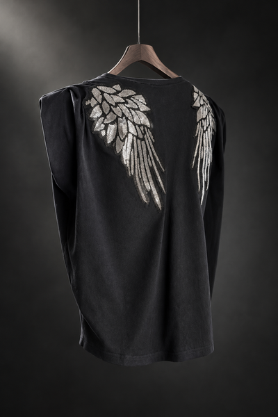 Ladies Black Top with Back Wing Detail in embellishments and Puff Sleeve- Size Large