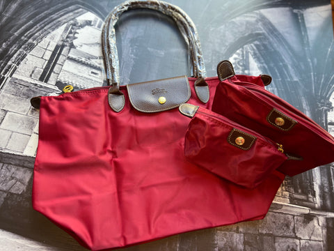 Longchamp Le Pliage Brand New 3 Piece Deep Red Set (Tote Bag, Medium Make Up bag, Mini make up bag)