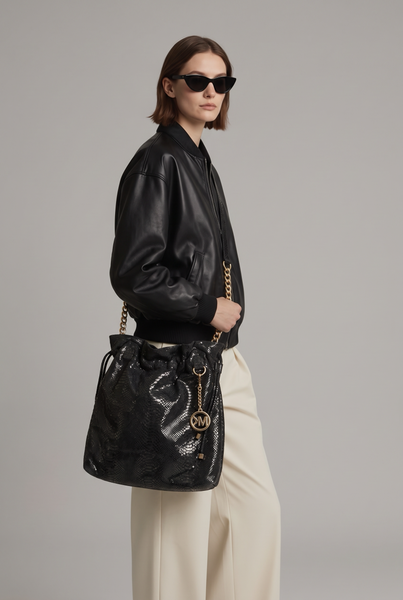 Michael Kors ORIGINAL Black Patent Genuine Leather Snakeskin Drawstring Handbag