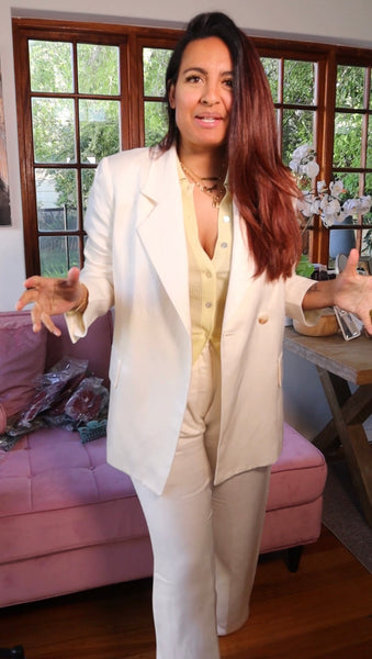 H&M Brand New Cream Linen 2 Piece Suit (Oversized Blazer & High Waist Pants) - Size EUR40