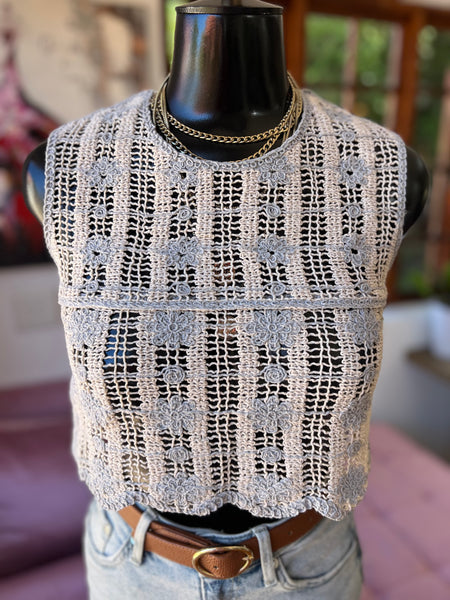 Zara Crocheted beige&blue Crop Top - Size Medium