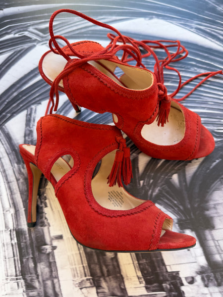Nine West Red Suede Peep Toe Heels - Size SA 7 (9W)