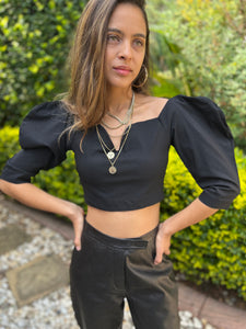 Zara Brand New Black Crop Top with Puff Shoulder - Size Medium